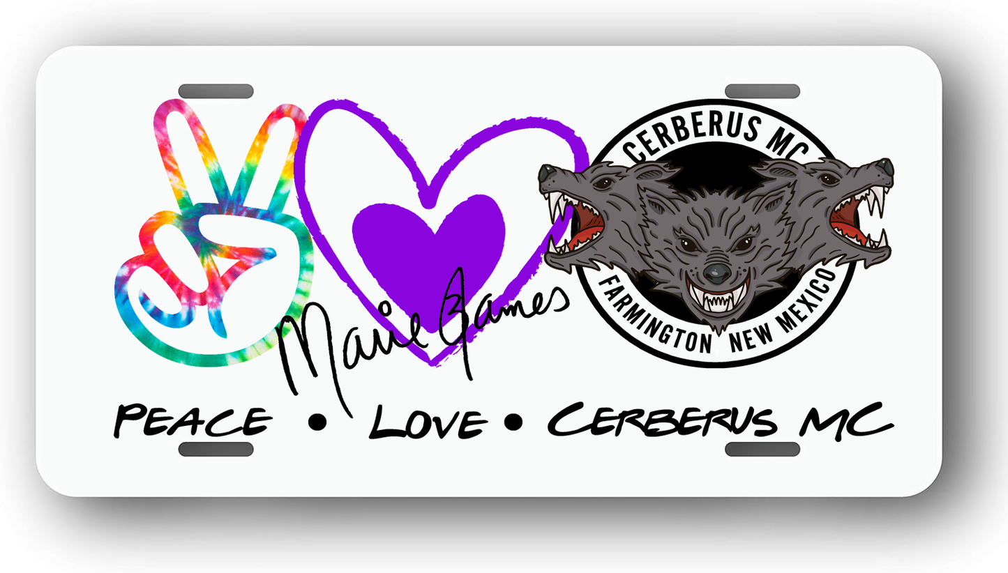 Peace, Love, Cerberus MC New Mexico License Plate WITH SIGNATURE